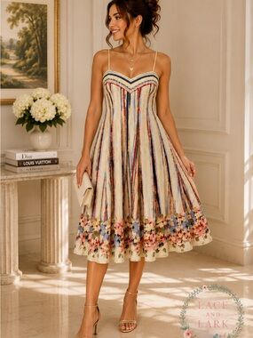 Suzi Chin for Maggy Boutique Cream Striped Midi Dress with Floral Hem